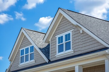Roof of a two-story house with shingles, siding, and white-framed windows. Use for home improvement, construction, or real estate advertising.