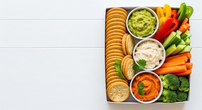 Colorful picnic snack platter with vegetables and dips for national picnic month