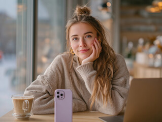 Cozy cafe scene featuring young woman with long hair, wearing sweater, sitting at table with coffee and phone. She looks relaxed and thoughtful