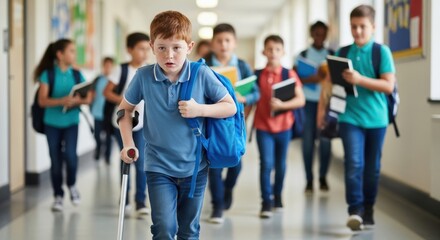 Juvenile arthritis awareness month: young boy with crutch among schoolmates