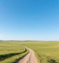 Fototapeta premium Dirt road curves through a vast green field under a blue sky
