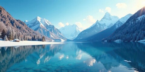 Serene Winter Landscape Crystal Clear Lake Reflecting Snow-Capped Mountains and Frozen Shore
