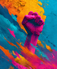 vibrant raised fist painted in bold colors symbolizes strength and unity, surrounded by dynamic splashes of blue, orange, and pink, evoking sense of empowerment and creativity