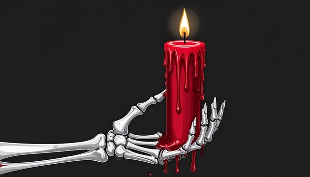 A skeletal hand holds a dripping red candle in the darkness