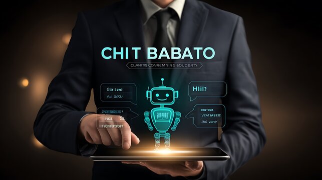 Businessman interacting with a holographic chatbot on a tablet device