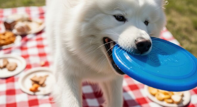 Celebrating national picnic month with playful dog and frisbee on checkered blanket