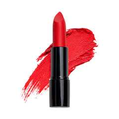 Red lipstick with a swipe of color. Beauty, makeup, cosmetics.