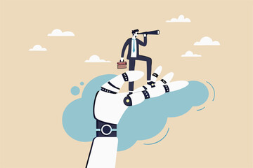 AI, Artificial Intelligence help business success, future of AI working with humanity, robot automation or innovation support, business support, robot hand help businessman look on telescope future.