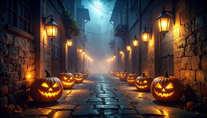 Spooky Halloween Pumpkins Illuminate a Cobblestone Alley on a Foggy Night