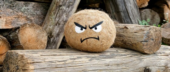 Angry Coconut on Woodpile A Funny Image