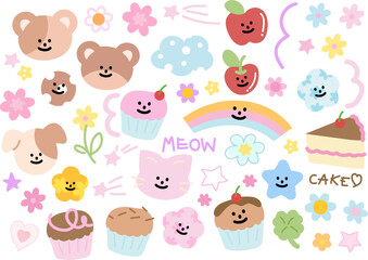 Cute vector illustrations of teddy bear, cat, puppy, butterfly, cupcake, rainbow, apple, flower, clover leaf for decorations, cartoon, characters, comic, stickers, fruit, brooch, birthday card, summer
