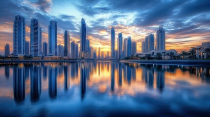 Fototapeta premium Dubai skyline with water reflection and sunrise sky with clouds. Use this for travel blogs, city promotion, or inspirational content.