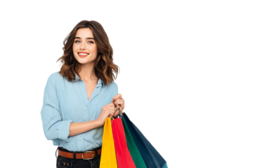 Smiling woman holding colorful shopping bags. Retail therapy, consumerism, shopping happiness.