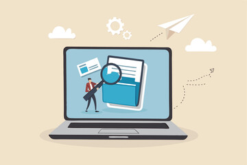 File management or documents archive, computer data backup or virus scan, online cloud storage or search for files concept, businessman with magnifying glass search for file in folder computer laptop.