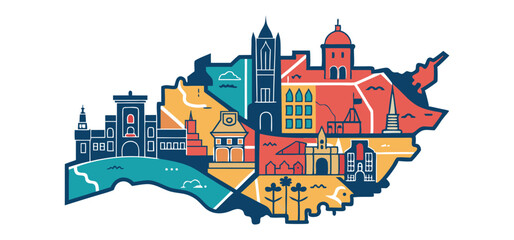 Colorful vector illustration of an abstract city landscape with various buildings in a stylized cartographic design.