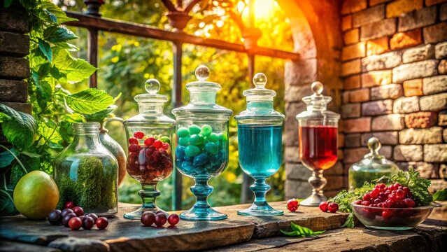 Apothecary Jars with Colorful Liquids and Berries