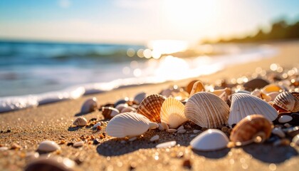 Beautiful seashells and golden sunlight sparkle on a sandy beach shore