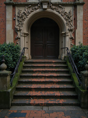 Fototapeta premium Old Building Entrance with Stone Steps, and Archway.