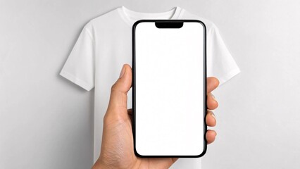 Mockup image of male hand holding smartphone with blank screen on white t shirt background.