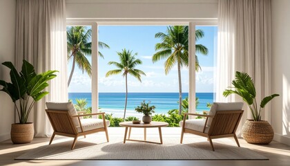 Serene Living Room Opens To Breathtaking Tropical Beach Paradise Vista