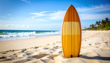 Surfboard Standing Tall on Sandy Beach Ocean Waves and Blue Sky Scene