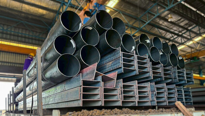 A wide range of structural steel products, such as square pipes and steel bars, are loaded on...