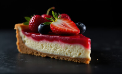 delicious cheesecake with berries on dark background