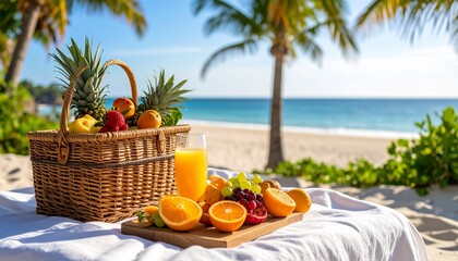 Delicious Fresh Fruit Basket and Juice Served on Beach Tropical Paradise Ocean View