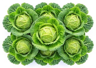 Obraz premium Artistic arrangement of seven green cabbage heads in a symmetrical pattern