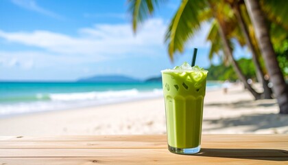Refreshing Iced Matcha Green Tea Drink on a Tropical Beach Paradise Background