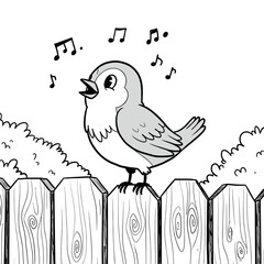 A happy cartoon bird perches on a wooden fence, singing as musical notes drift above its head against a backdrop of leafy bushes.