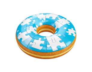 Donut with Puzzle Piece Topping Blue and White Conceptual Food.
