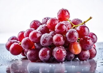 Fresh red grapes on a white surface with water droplets on them