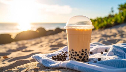 Refreshing Bubble Tea Enjoyment on a Sandy Beach During Golden Hour Sunset