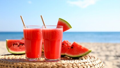Refreshing Watermelon Juice Drinks on a Beach Table with Ocean Background and Slices of Fruit