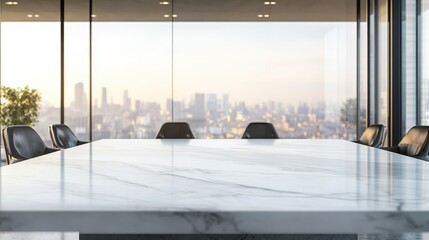 Modern office with marble table and leather chairs, city view background. Perfect for presentations, meetings, or to show luxury real estate.