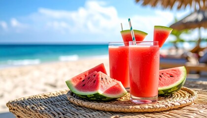 Refreshing Watermelon Juice Refreshment on a Tropical Beach Paradise