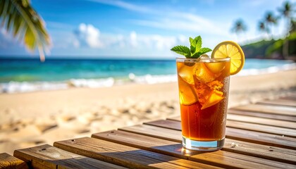 Refreshing Iced Tea on a Tropical Beach with Palm Trees and Ocean Waves