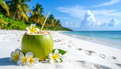 Refreshing Coconut Drink on a Tropical Beach with White Sand and Palm Trees