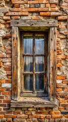 A weathered wooden old window frames a brick wall with stone mortar