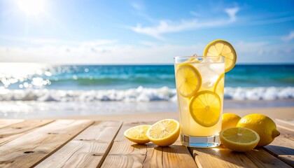 Refreshing lemon drink on a wooden table by the ocean shore on a sunny day