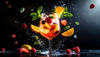 Refreshing Fruit Infused Cocktail Splash With Berries and Orange Slices