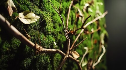 Dried branches and leaves on a moss wall.