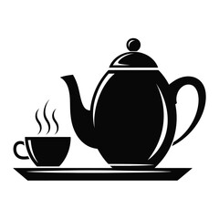 Teapot and Cup on Tray Black and White Illustration
