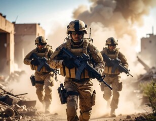 Military troops advancing through a war zone