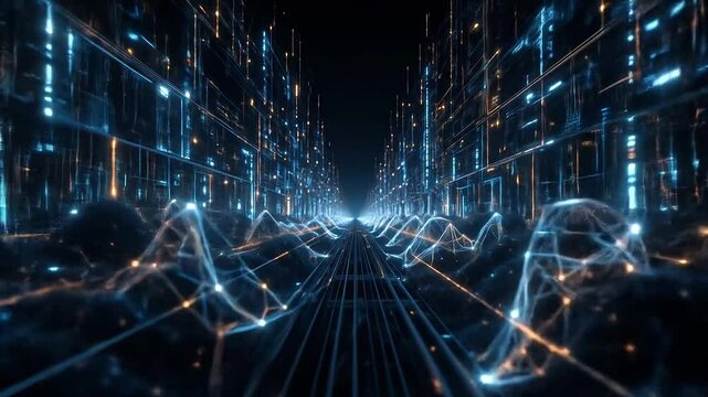 Abstract glowing structures built from binary sequences over black digital void