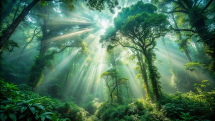 Sunbeams Through Lush Green Forest Canopy