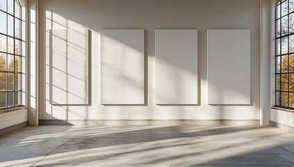 Fototapeta premium Sunlit art gallery mockup with blank canvases and geometric shadows