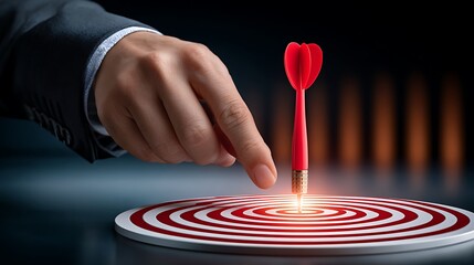 Businessman s finger touching a dart that has hit the bullseye of a target