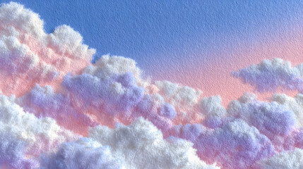 Fluffy cloudscape with pastel pink, white, and lavender hues against a soft blue sky